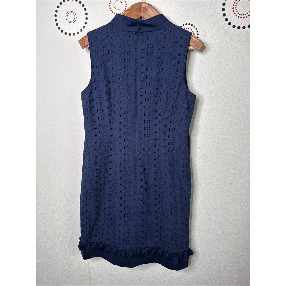 Eliza J Size 12 Navy Blue Eyelet Tassel Shift Split Mandarin Collar Sleeveless - Picture 7 of 14